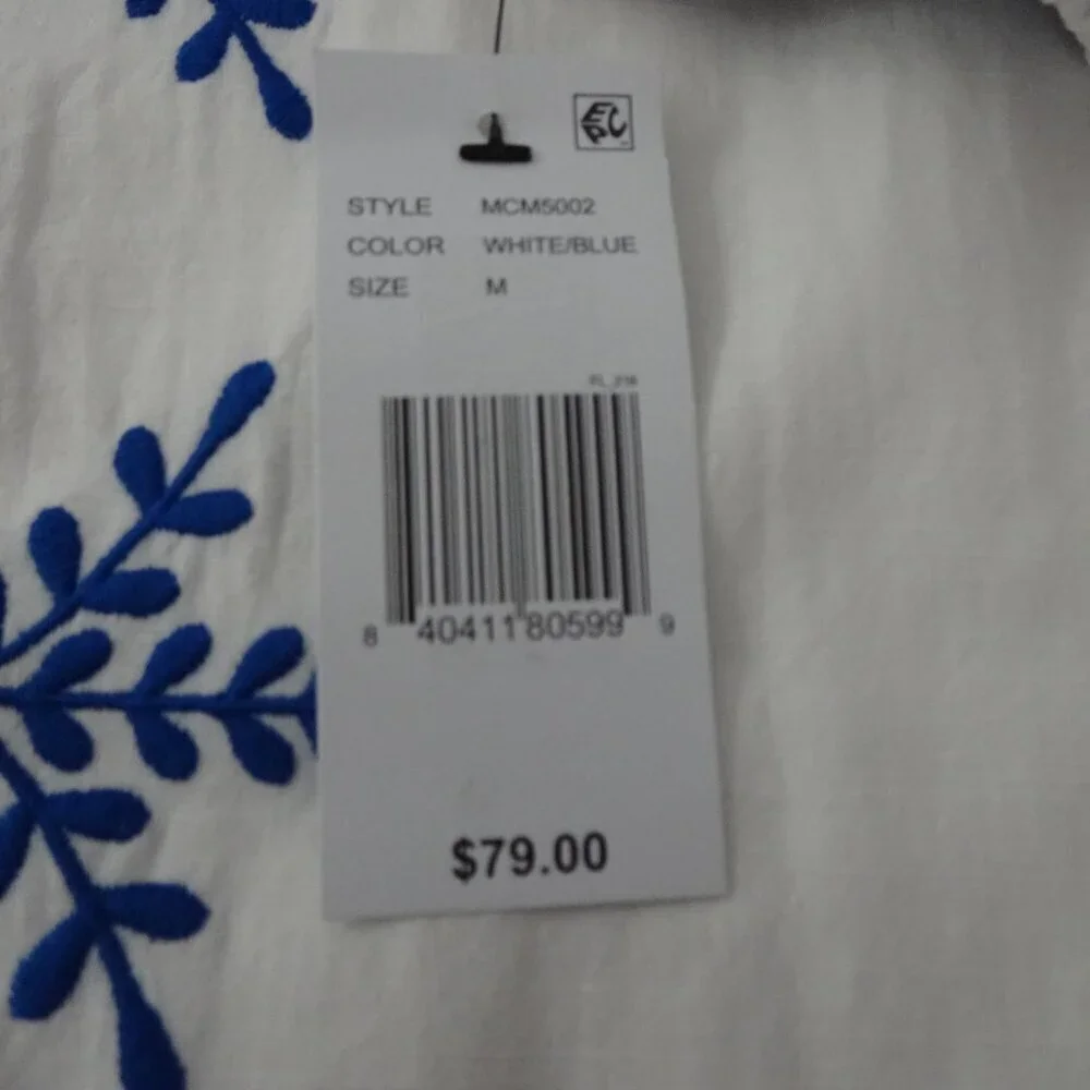 Calessa Embroidered Tunic Top Women's Size M White Blue Loose Fit Boho Peasant - Picture 8 of 11